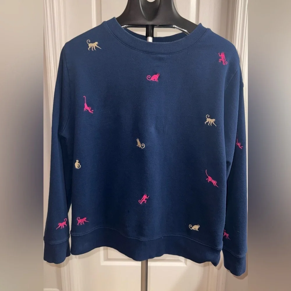 Lilly Pulitzer Rare Print Ballad Monkey Sweatshirt Navy Embroidered Size L